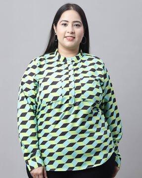 geometric print top with patch pockets