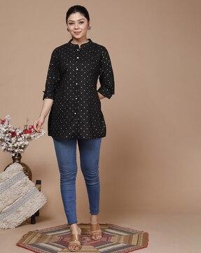 geometric print tunic with mandarin collar