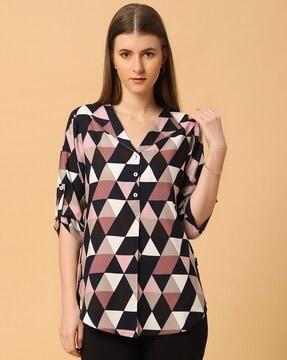 geometric print tunic with roll-up sleeves