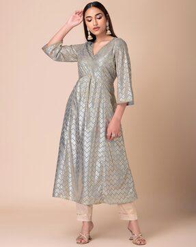 geometric print v-neck a-line kurta