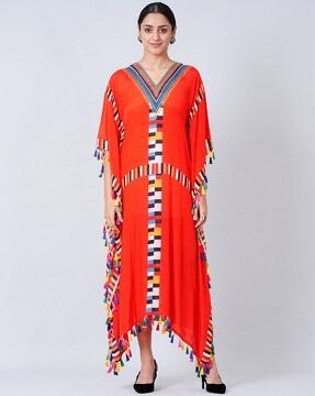 geometric print v-neck dress with kaftan sleeves