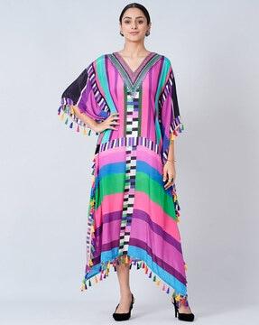 geometric print v-neck gown dress with kimono sleeves