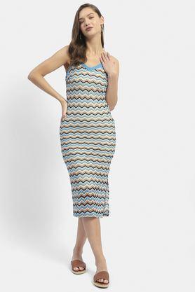 geometric print v-neck polyester women's calf length dress - blue