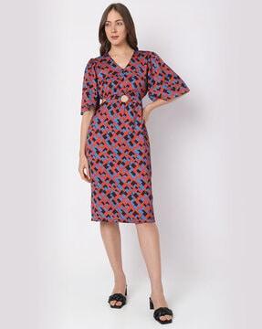 geometric print v-neck sheath dress