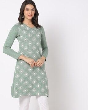 geometric print v-neck straight kurta