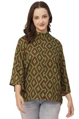 geometric print viscose choker neck women's top - brown