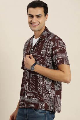 geometric print viscose relaxed fit men's casual shirt - maroon