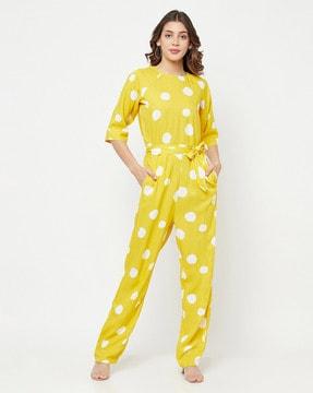 geometric print waist tie-up jumpsuit