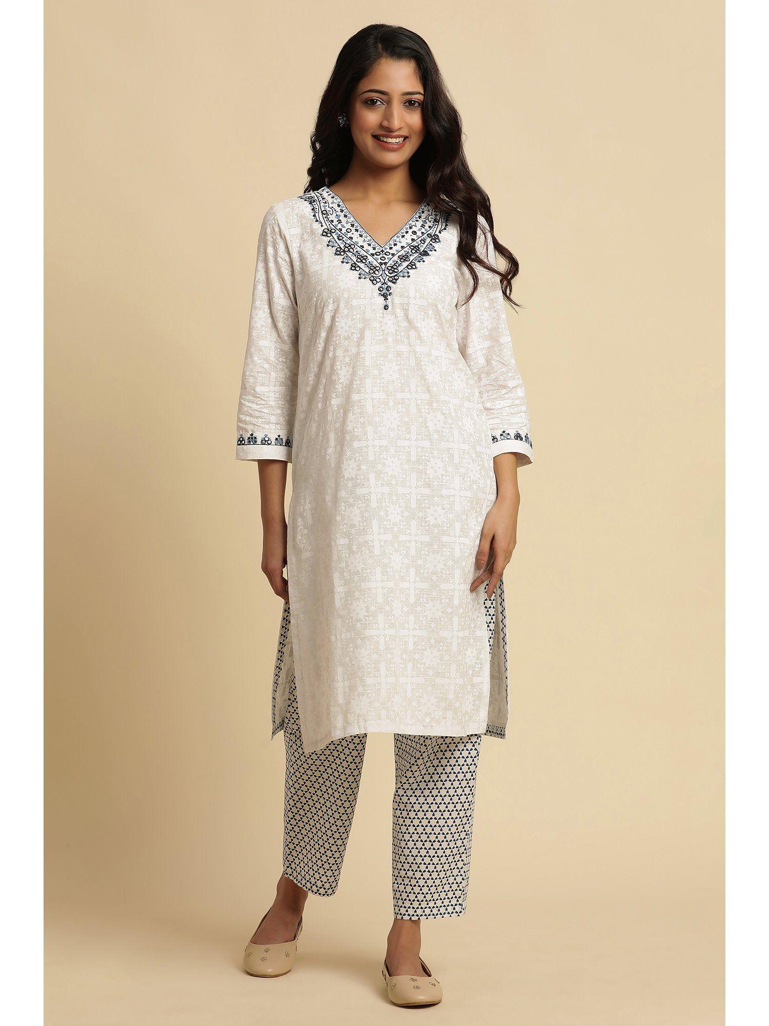 geometric print white cotton straight kurta