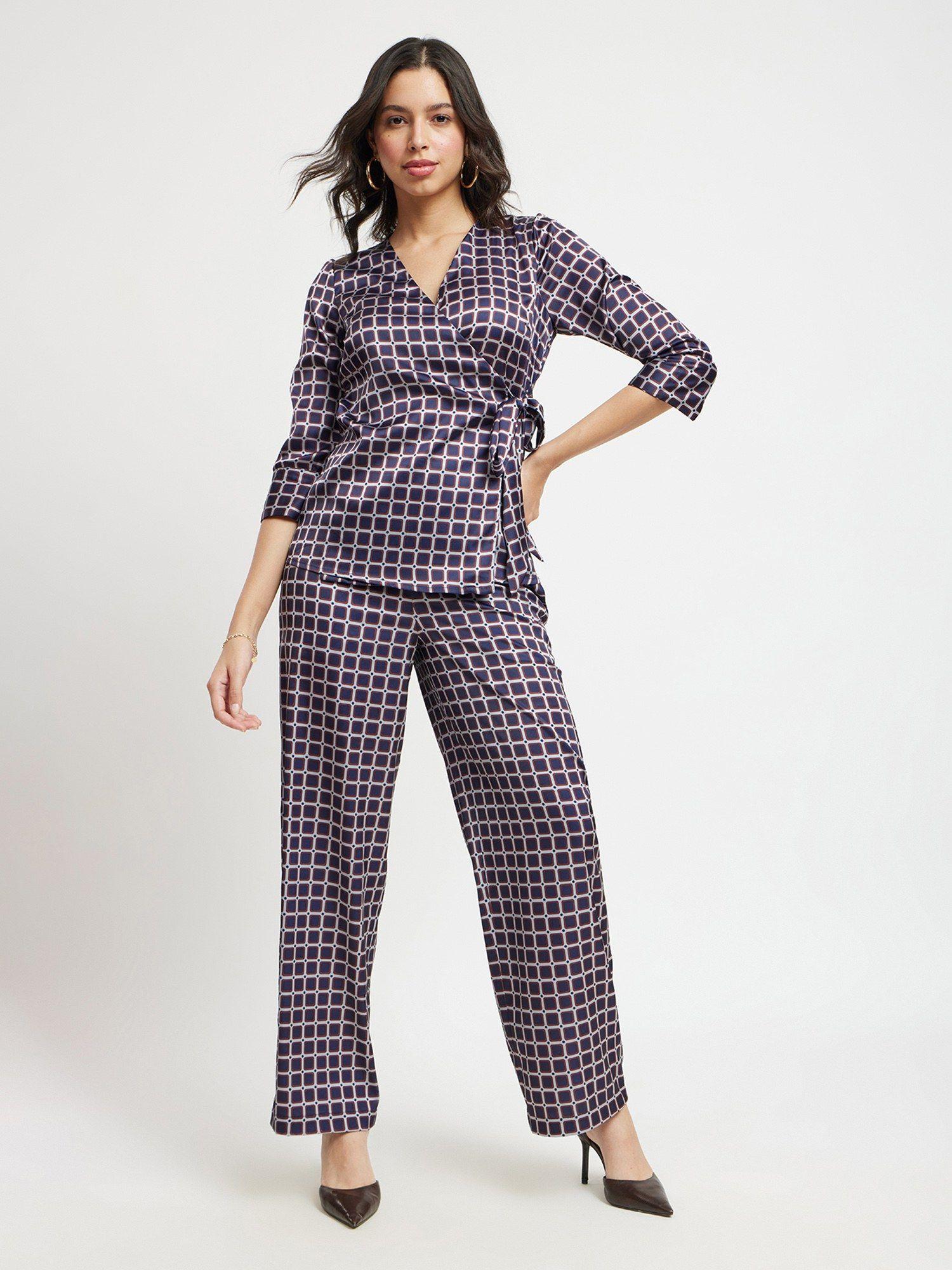 geometric print wrap top and trousers co-ord - navy and maroon (set of 2)