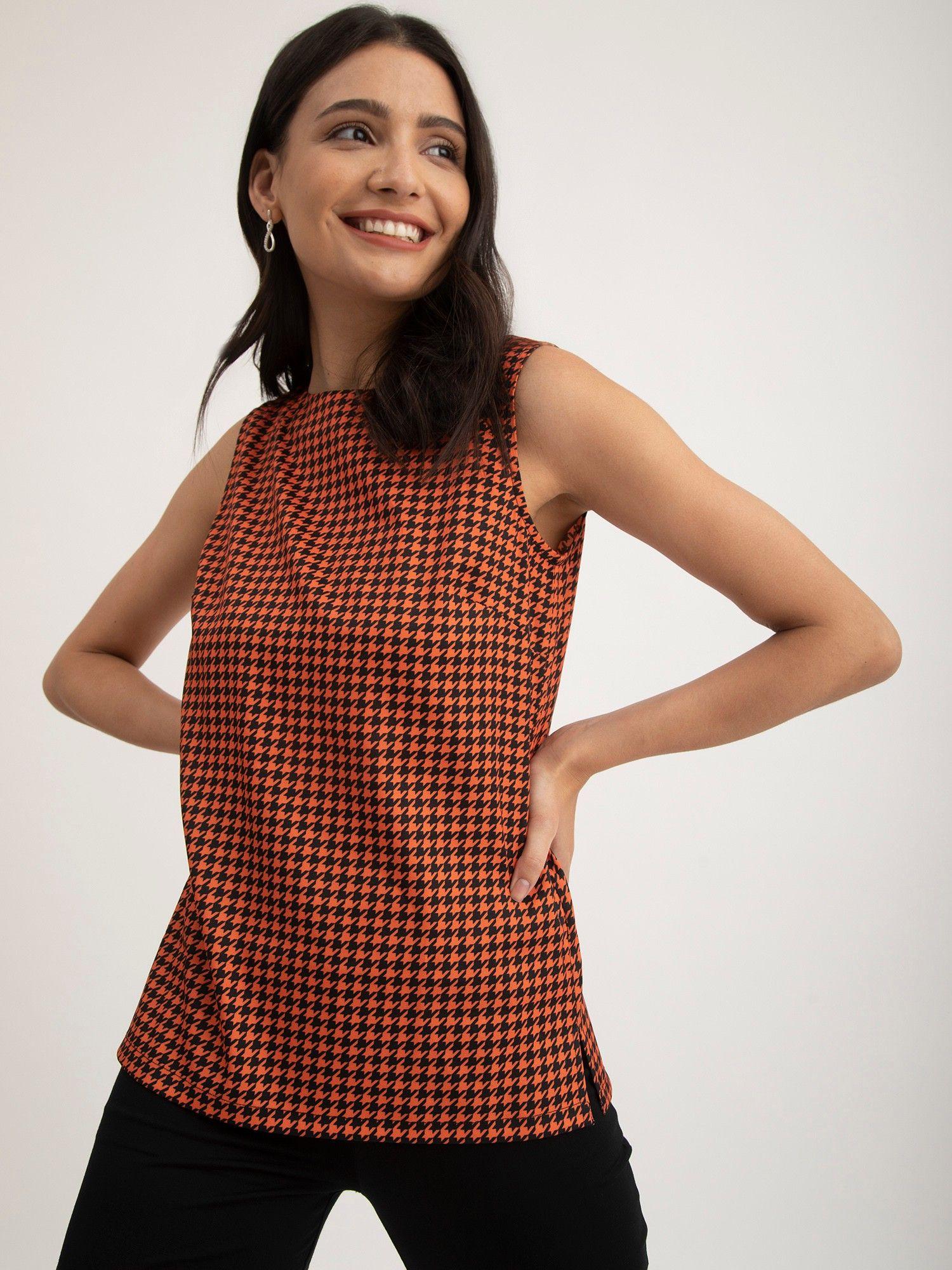 geometric printed boat neck top - orange