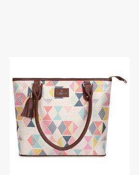 geometric printed shoulder bag with tassell charm