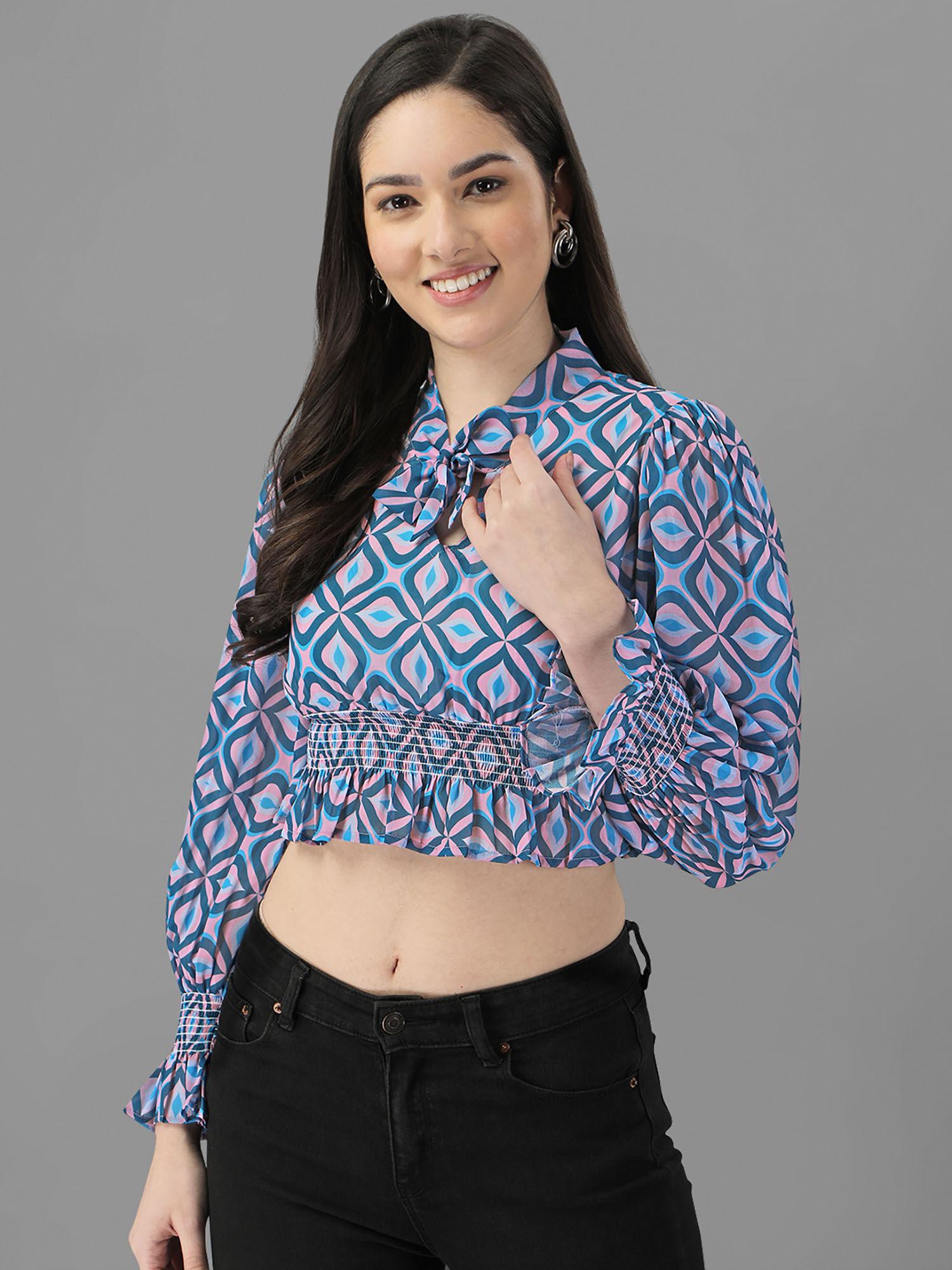 geometric printed tie up neck shirt style crop top