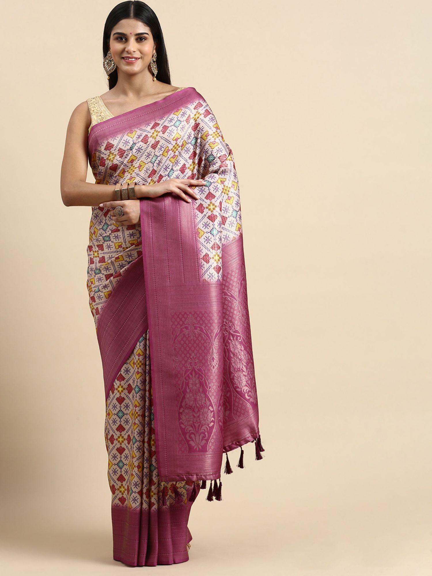 geometric printed woven zari border designer silk blend saree with unstitched blouse