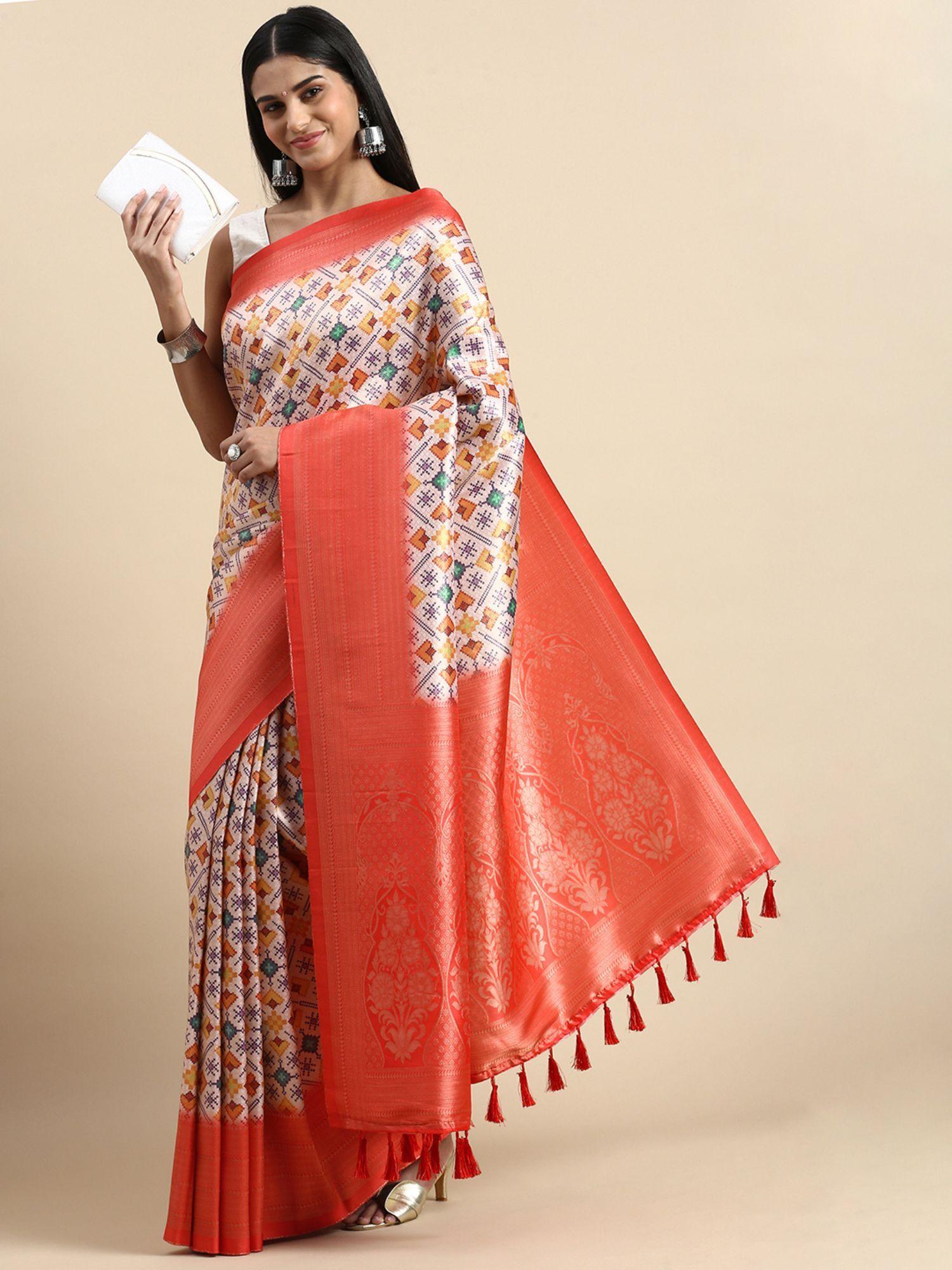 geometric printed woven zari border designer silk blend saree with unstitched blouse