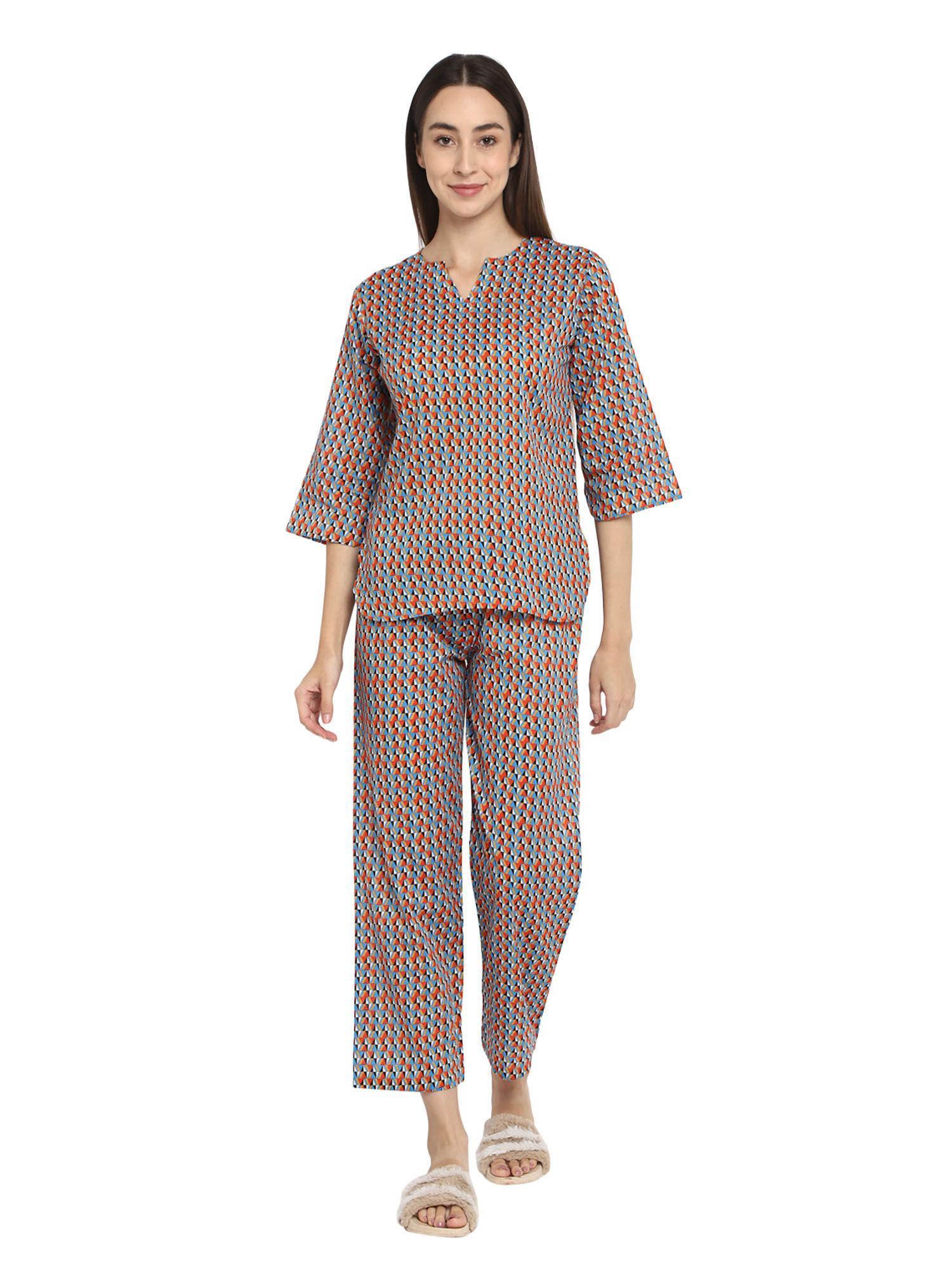 geometric round neck cotton top with pyjama (set of 2)