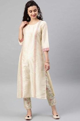 geometric round neck polyester women's ethnic set - cream