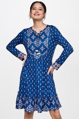 geometric round neck polyester women's flared fit mini dress - blue
