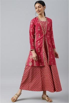 geometric round neck shantoon women's kurta jacket set - dark pink