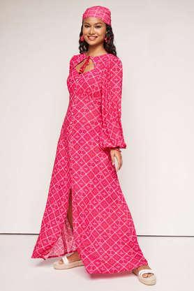 geometric round neck viscose women's maxi dress - pink