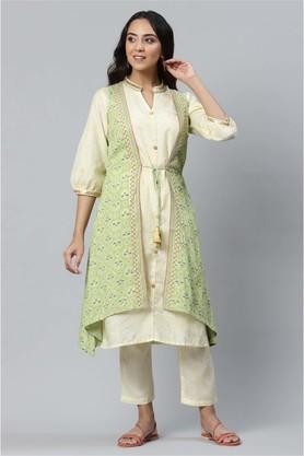 geometric v neck viscose rayon women's salwar kurta dupatta set - green