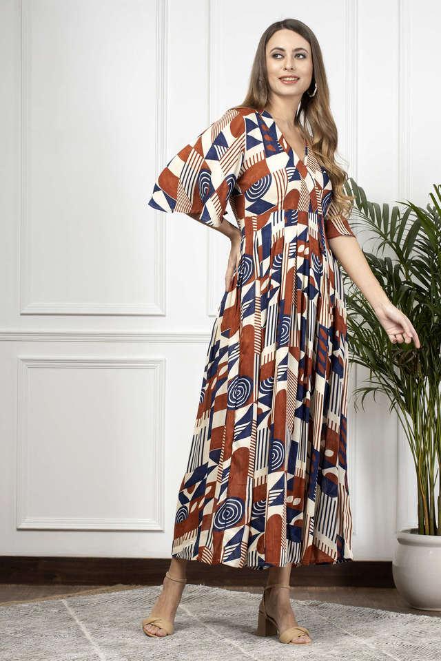 geometric v neck viscose womens maxi dress