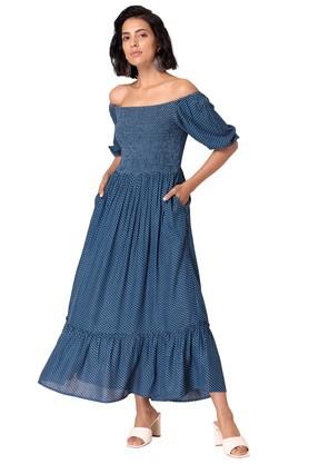 geometric viscose off shoulder women's maxi dress - blue