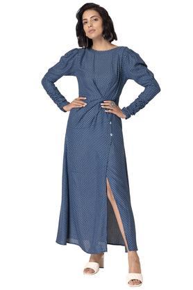 geometric viscose regular fit women's ankle length draped maxi dress - blue