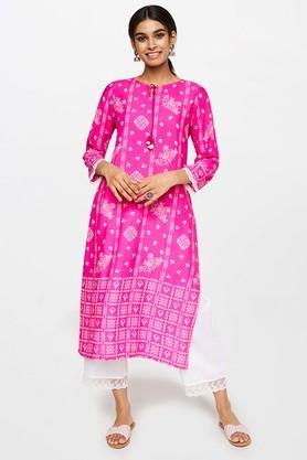 geometric viscose round neck women's casual wear kurta - pink