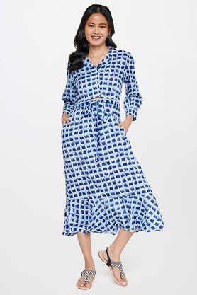 geometric viscose round neck women's ethnic dress - indigo