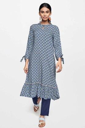 geometric viscose round neck women's flared kurta - indigo