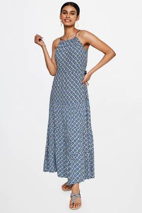 geometric viscose round neck women's gown - blue