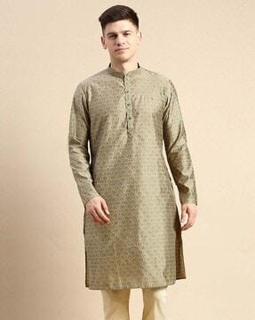 geometric woven long kurta with mandarin collar