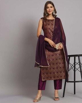 geometric woven straight kurta with pants & dupatta