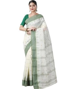 geometric woven tant saree with contrast border