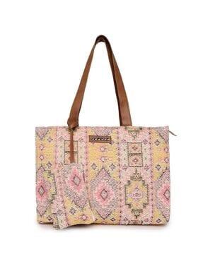 geometric woven tote bag with pouch