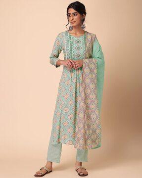 geometrical print straight kurta suit set