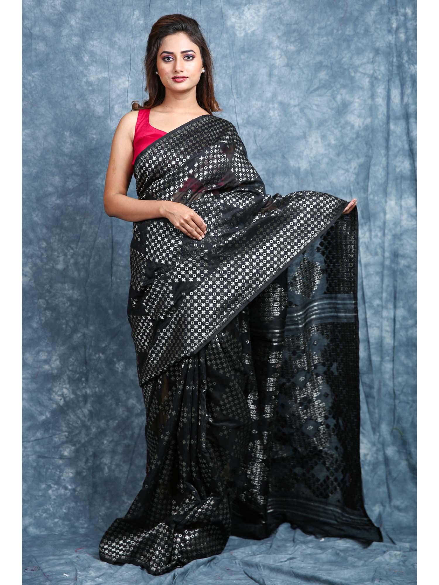 geometrics weaving black jamdani saree