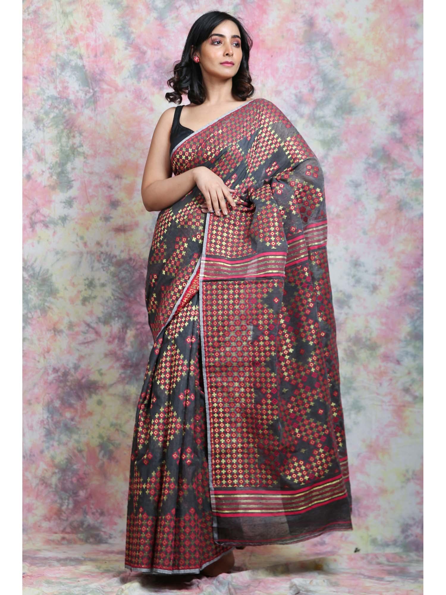 geometrics weaving grey jamdani saree