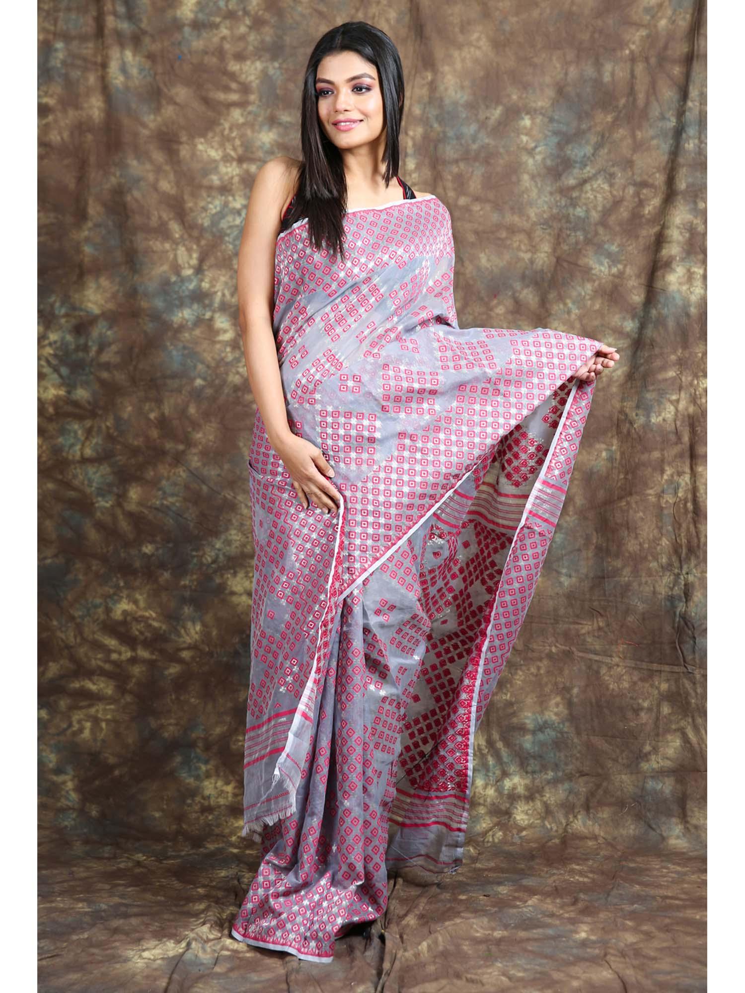 geometrics weaving steel grey jamdani saree