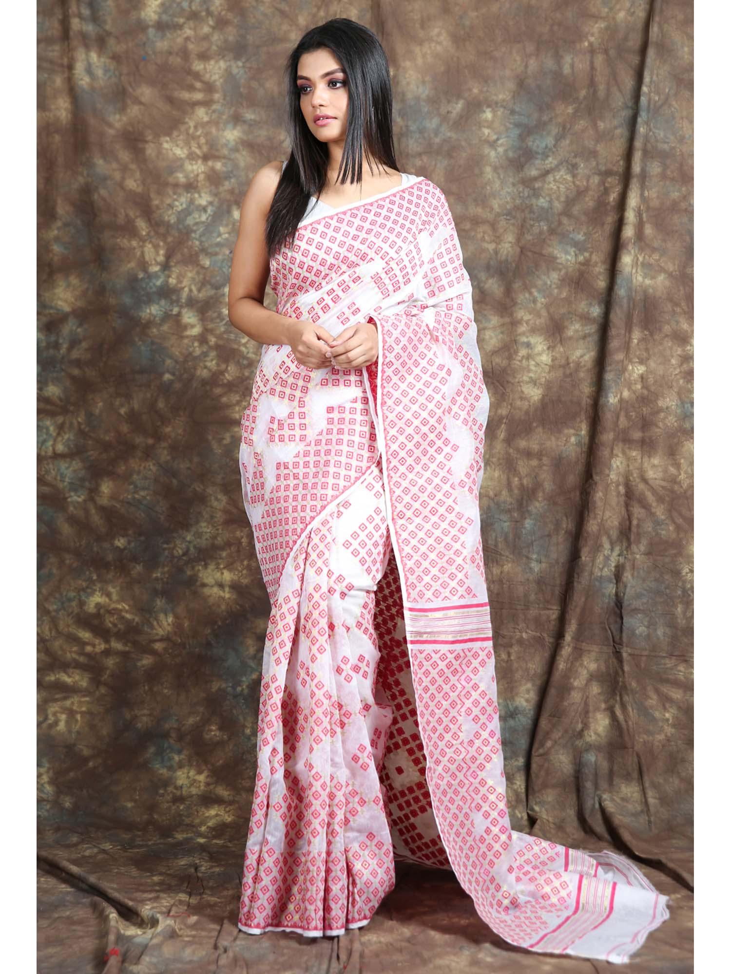 geometrics weaving white jamdani saree