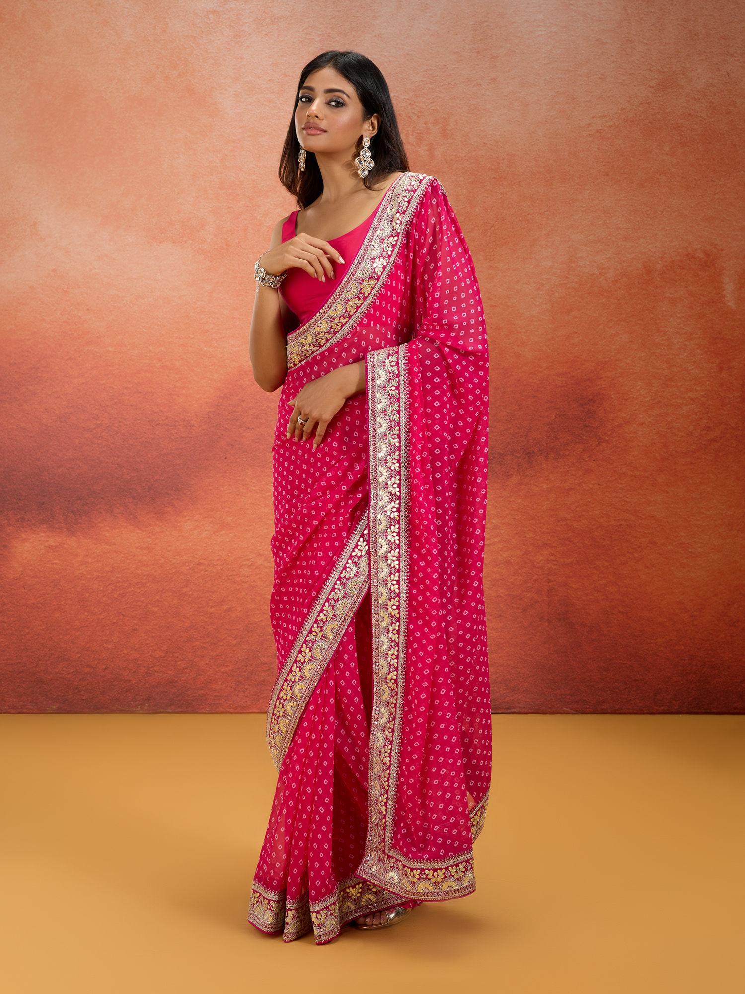 georgette bandhani printed & border embroidered pink saree with unstitched blouse likvivsar01