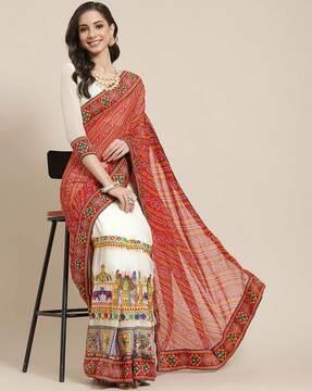 georgette bandhani printed embroidered work half & half  saree