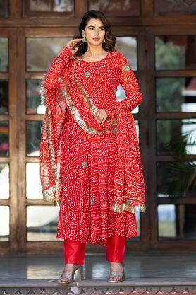 georgette bandhani printed women's kurta with trouser & dupatta - red