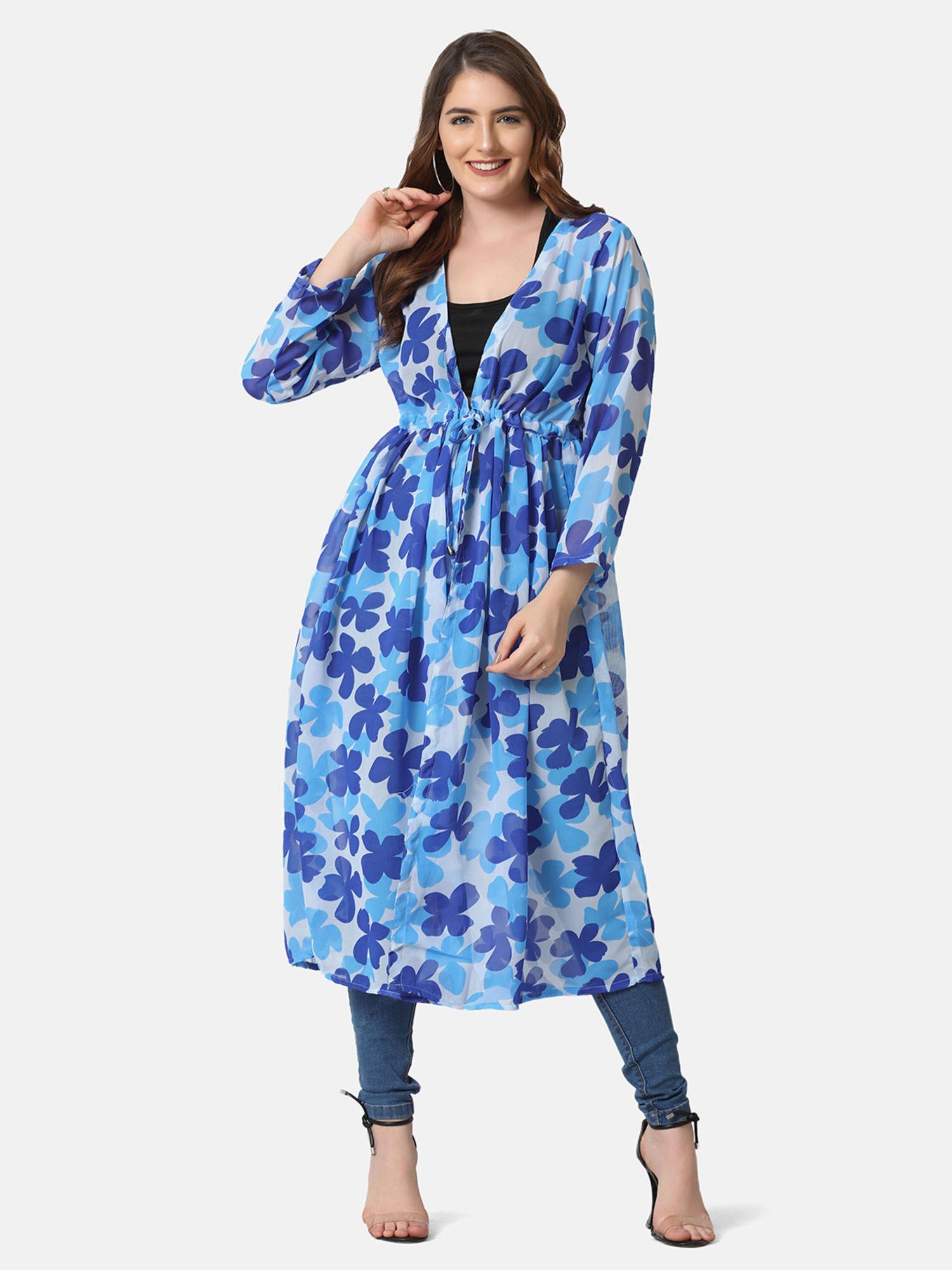 georgette blue floral print women long shrug