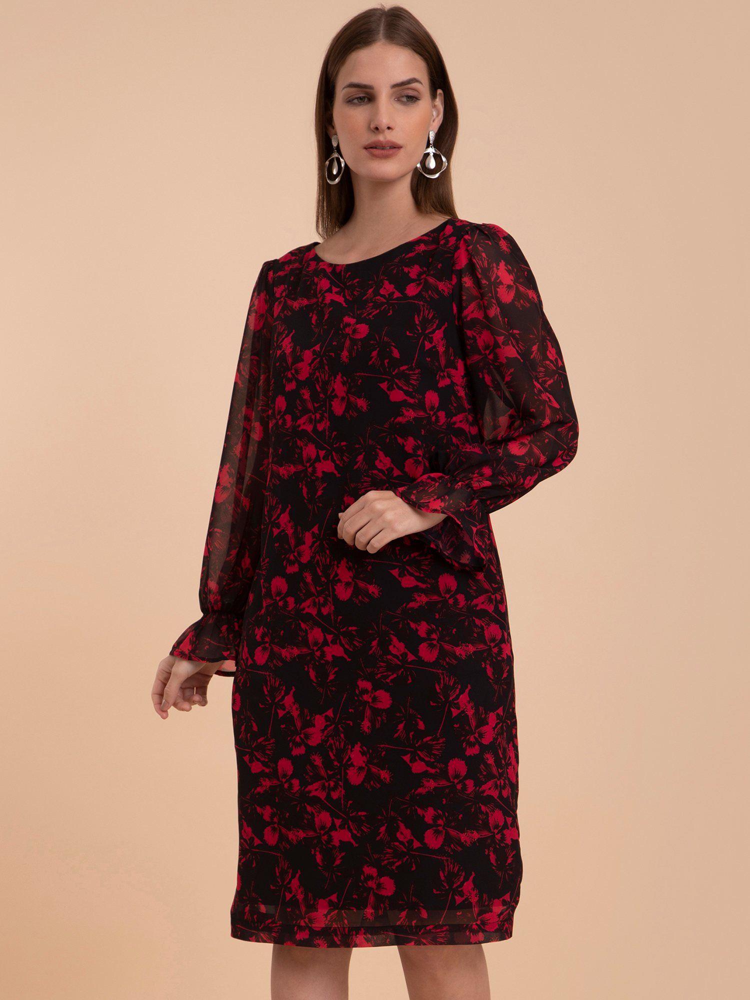 georgette boat neck shift dress - red and black