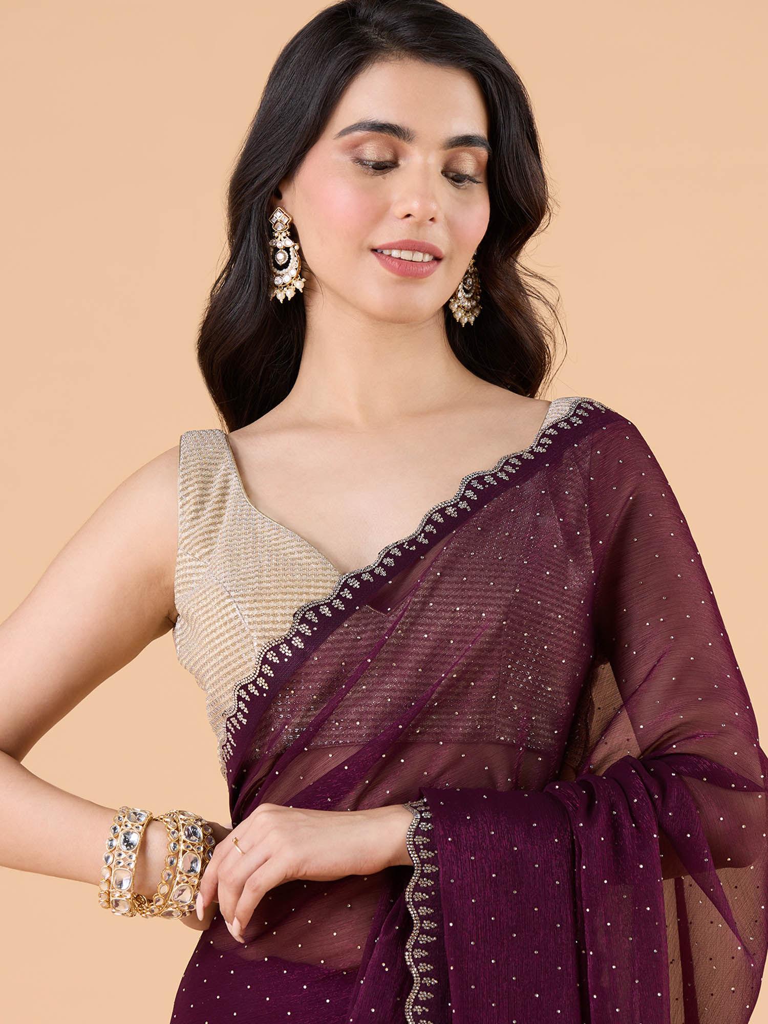 georgette embellished/sequined stone work party saree and unstitched blouse