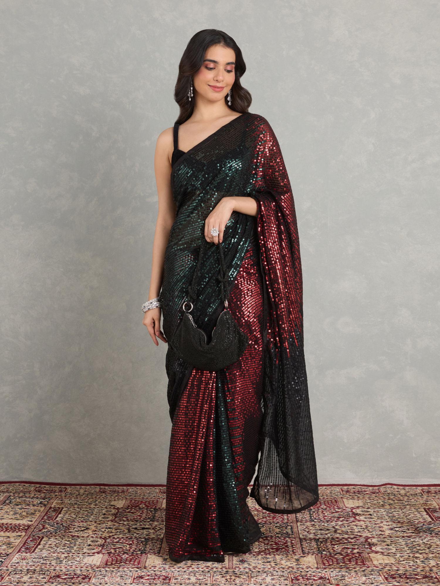 georgette embellished black with multicolor sequined ombre effect saree with unstitched blouse