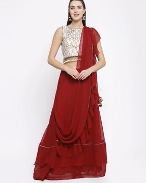 georgette embellished tiered skirt with attached dupatta