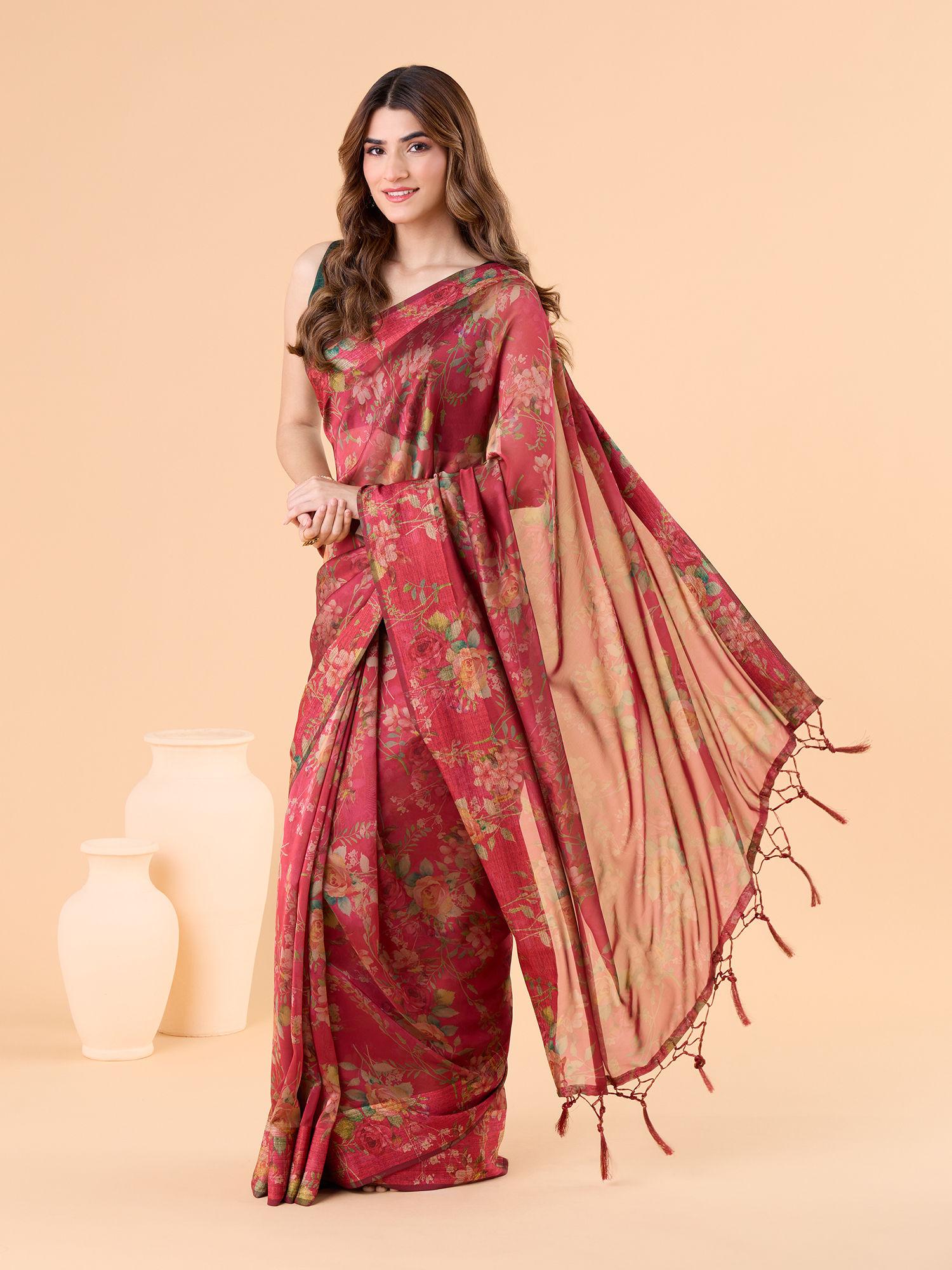 georgette floral digital printed with tassels red saree and unstitched blouse